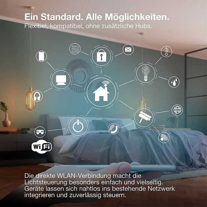 Osram Smart+ Smart-LED-Lampe - G9, 3,5 W, Mehrfarbig - Smart Home Systemdiagramm mit verschiedenen Geräte-Icons, über WLAN verbunden, in einem modernen Schlafzimmer mit Steuergerät in der Hand.