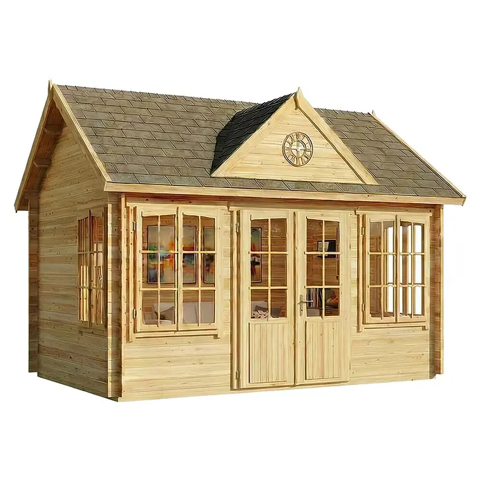 Alpholz Gartenhaus CLOCKHOUSE® - Außenmaß inkl. Dachüberstand (B x T): 440 x 340 cm, Holz, Naturbelassen - Gartenhaus aus Holz mit Giebeldach, Schindeln, mehreren Fenstern, Doppeltüren und einer dekorativen Uhr am Giebel.
