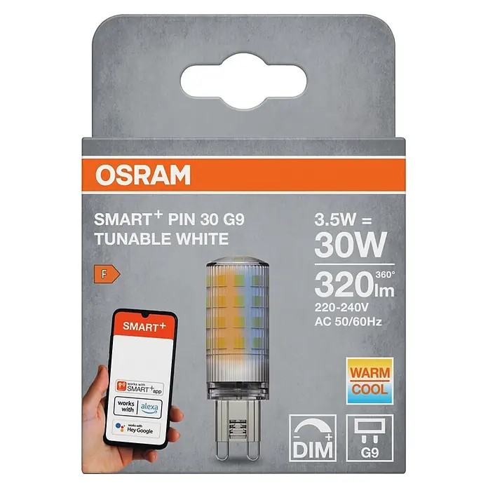 Osram Smart+ Smart-LED-Lampe - G9, 3,5 W, Mehrfarbig - Verpackung der OSRAM SMART+ Pin 30 G9 Tunable White LED-Lampe, zeigt die Lampe, Smartphone-Steuerung und Spezifikationen wie Dimmfunktion.