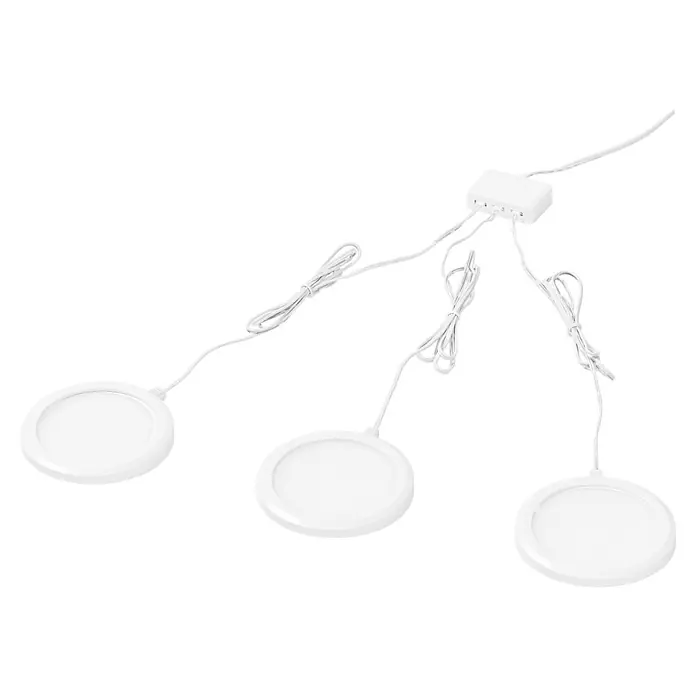 Ledvance Smart+ LED-Unterbauleuchten-Set - Mehrfarbig - Drei weiße runde LED-Leuchten mit Verteilerbox und Kabeln.