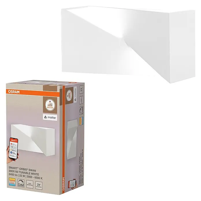 Ledvance LED-Wandleuchte - 23 W, L x B x H: 30 x 15 x 10,5 cm, Weiß, Mehrfarbig - Weiße geometrische Wandleuchte mit ihrer OSRAM SMART+ ORBIS SWAN abstimmbaren weißen Verpackung.