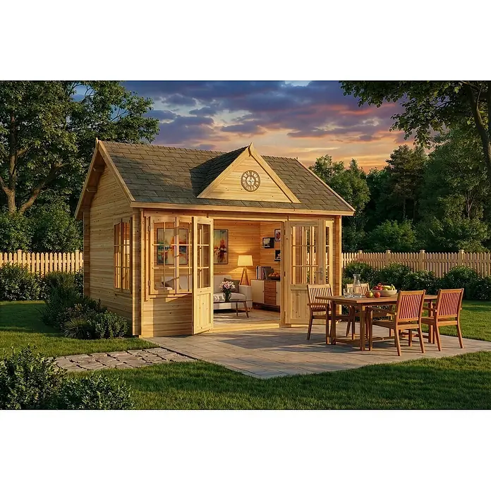 Alpholz Gartenhaus CLOCKHOUSE® - Außenmaß inkl. Dachüberstand (B x T): 440 x 340 cm, Holz, Naturbelassen - Holz-Gartenhaus mit Schindeldach und Außenterrasse, eingebettet in einen grünen Garten bei Sonnenuntergang.
