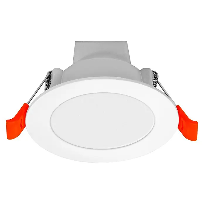 Ledvance LED-Einbauleuchte rund - 4,5 W, Ø x H: 8,6 x 4,8 cm, Mehrfarbig, Farbtemperatur: 2.700 K - 6.500 K, 100 ° - Weißer, ovaler LED-Einbaustrahler mit orangefarbenen Federklammern.