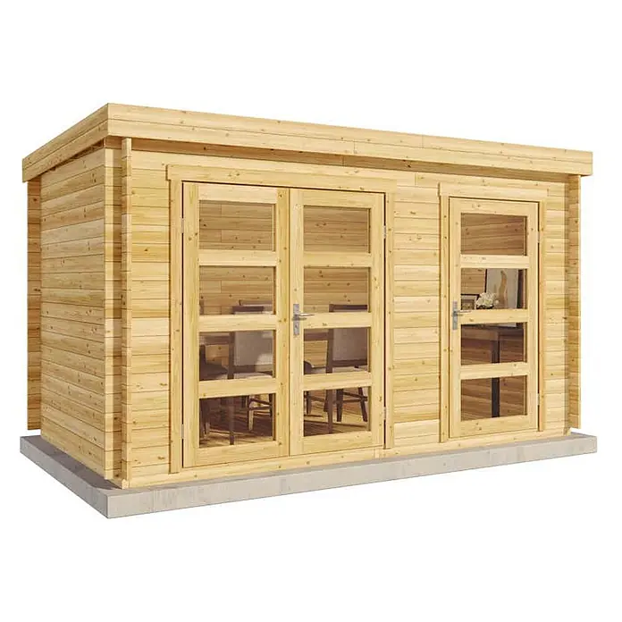 Alpholz Gartenhaus Paloma Grande - Außenmaß inkl. Dachüberstand (B x T): 398 x 230 cm, Holz, Naturbelassen - Modernes Gartenhaus aus hellem Holz mit Flachdach, horizontaler Verkleidung und mehreren Glastüren auf Betonsockel.