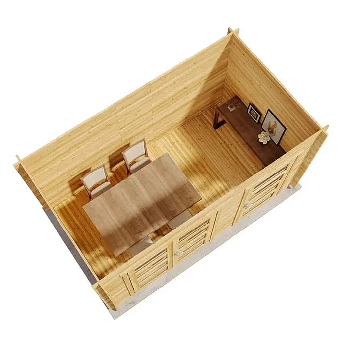 Alpholz Gartenhaus Paloma Grande - Außenmaß inkl. Dachüberstand (B x T): 398 x 230 cm, Holz, Naturbelassen - Innenansicht einer Holzhütte aus der Vogelperspektive mit Esstisch, Stühlen und Schreibtisch.
