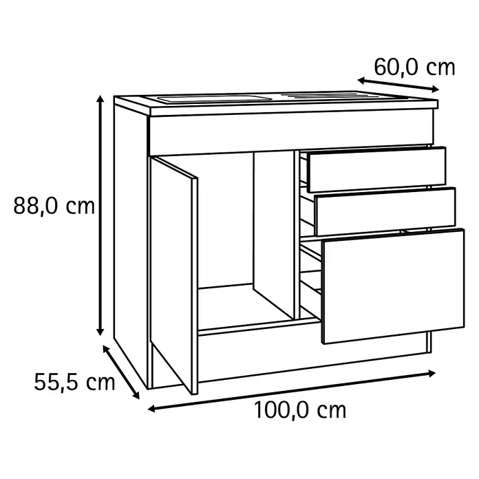 Optifit Optimulti Spülenunterschrank Bonn214 - 60 x 100 x 88 cm, Dekor Front: Weiß - Küchenunterschrank mit Spüle, zwei Türen und drei Schubladen.