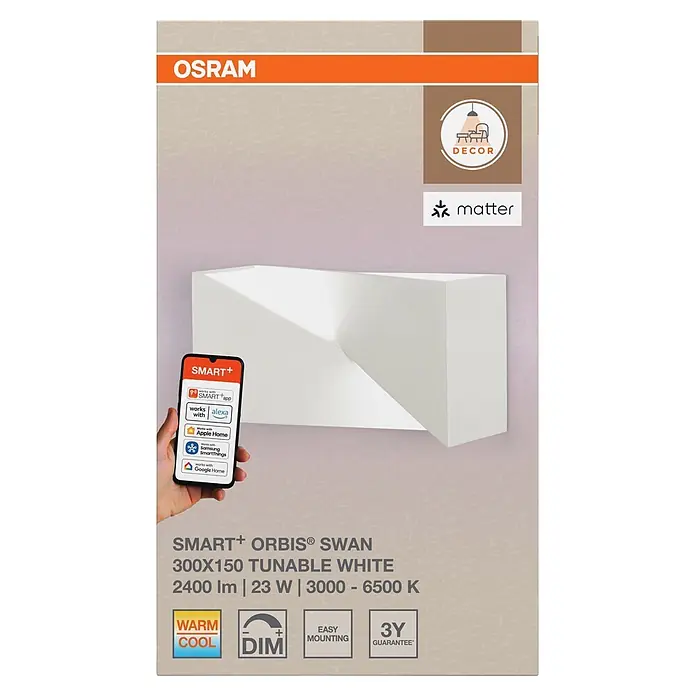 Ledvance LED-Wandleuchte - 23 W, L x B x H: 30 x 15 x 10,5 cm, Weiß, Mehrfarbig - Weißes geometrisches OSRAM SMART+ ORBIS® SWAN abstimmbares smartes Wandlicht, dimmbar, mit App-Steuerung zur Heimintegration.