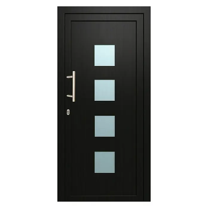 Solid Elements Haustür KF-103 - 110 x 210 cm, DIN Anschlag: Links, Anthrazit/Weiß - Schwarze Haustür mit vier quadratischen Fenstern und einem Griff. Die Tür hat ein modernes und stilvolles Design.