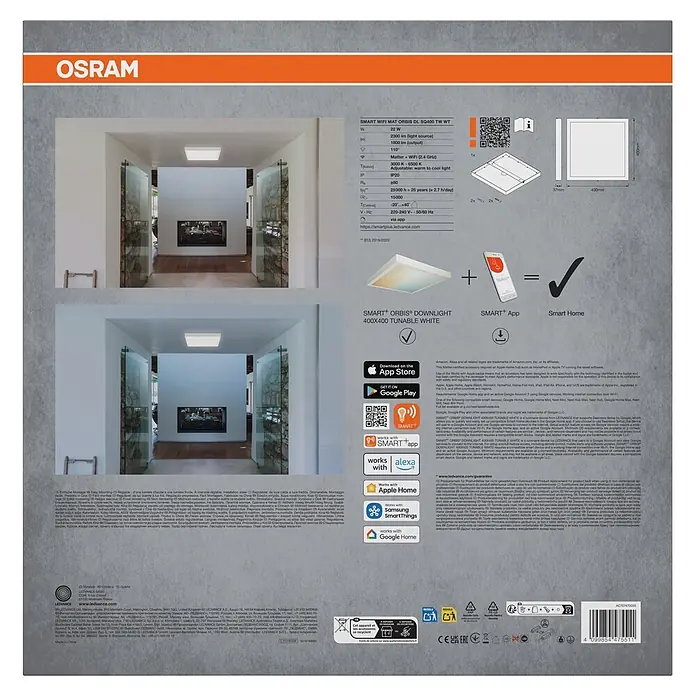 Ledvance LED-Deckenleuchte - 22 W, L x B x H: 40 x 40 x 3,7 cm, Mehrfarbig - OSRAM Smart WiFi LED-Panel (400x400mm) mit einstellbarem Weiß. Verpackung zeigt Spezifikationen und Smart Home Kompatibilität (Apple, Google, Alexa).