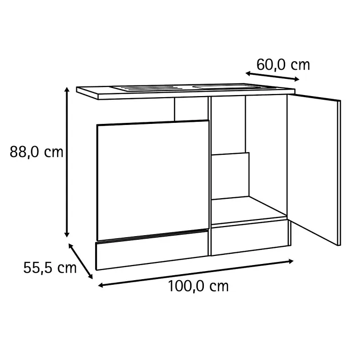 Optifit Optimulti Spülenunterschrank Bonn214 - 60 x 100 x 88 cm, Dekor Front: Weiß - Küchenunterschrank mit Maßen: 100 cm Breite, 88 cm Höhe, 60 cm Tiefe.