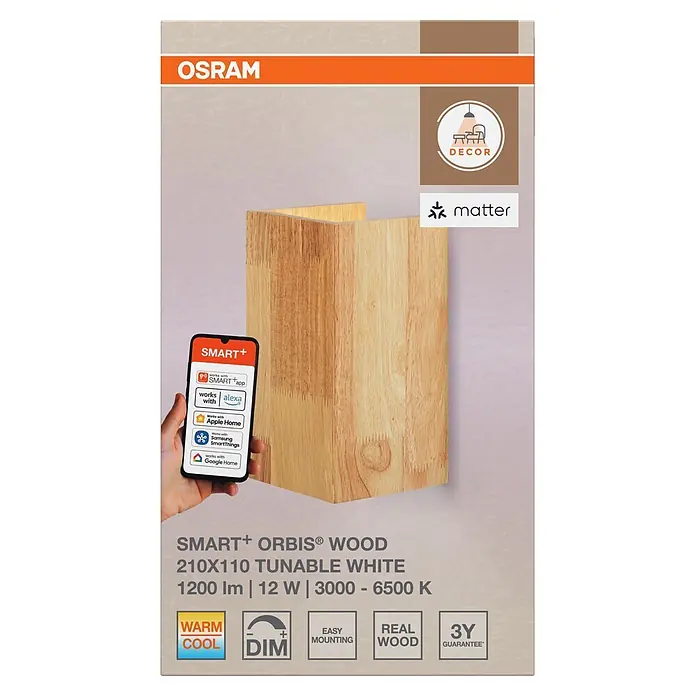 Ledvance Smart+ WiFi LED-Wandleuchte - 12 W, L x B x H: 11 x 11 x 21 cm, Gelb, Warmweiß - Hölzerne OSRAM SMART+ ORBIS Smart-Wandleuchte, Tunable White, App-gesteuert.