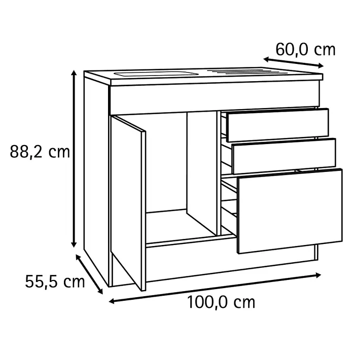 Optifit Optimulti Spülenunterschrank Kiel420 - 60 x 100 x 88,2 cm, Dekor Front: Grau matt - Strichzeichnung eines Waschtischunterschranks mit zwei Türen und drei Schubladen, Maße sind angegeben.