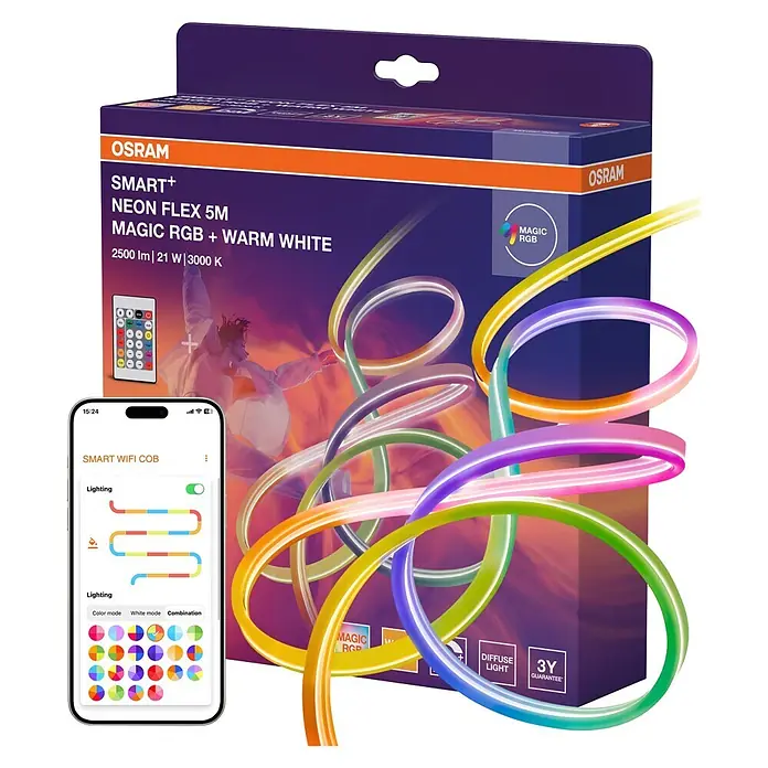 Osram Smart+ LED-Band Flex - Länge: 500 cm, Lichtfarbe: RGBW, 21 W, 2.500 lm, 220 V - 240 V - OSRAM Smart+ Neon Flex 5m Lichtband in Verpackung, zeigt RGB+Warmweiß-Farben, mit Fernbedienung und Smart-App.