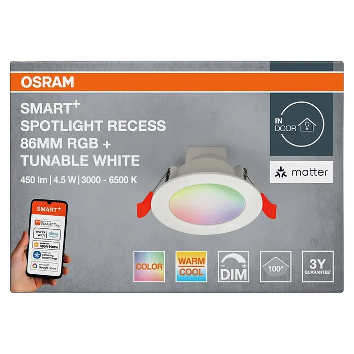 Ledvance LED-Einbauleuchte rund - 4,5 W, Ø x H: 8,6 x 4,8 cm, Mehrfarbig, Farbtemperatur: 2.700 K - 6.500 K, 100 ° - Weißer OSRAM SMART+ 86mm smarter Einbaustrahler mit RGB- und abstimmbarem Weißlicht, farbig leuchtend.
