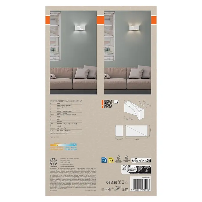 Ledvance LED-Wandleuchte - 23 W, L x B x H: 30 x 15 x 10,5 cm, Weiß, Mehrfarbig - Weiße, rechteckige, smarte LED-Wandleuchte, über einem Sofa montiert, mit einstellbarem warmem bis kühlem Licht.