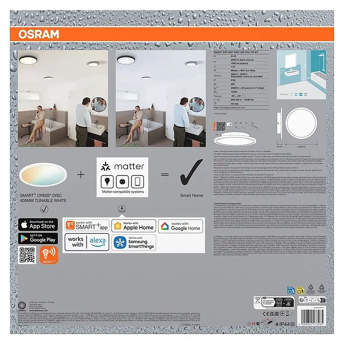 Ledvance Smart+ LED-Deckenleuchte rund - 25 W, Ø x H: 40 x 4,7 cm, Weiß, Mehrfarbig - Runde, weiße, smarte LED-Deckenleuchte (OSRAM Smart+ Orbis Disc 400mm) mit einstellbarem Weißlicht, abgebildet in einem Badezimmer.