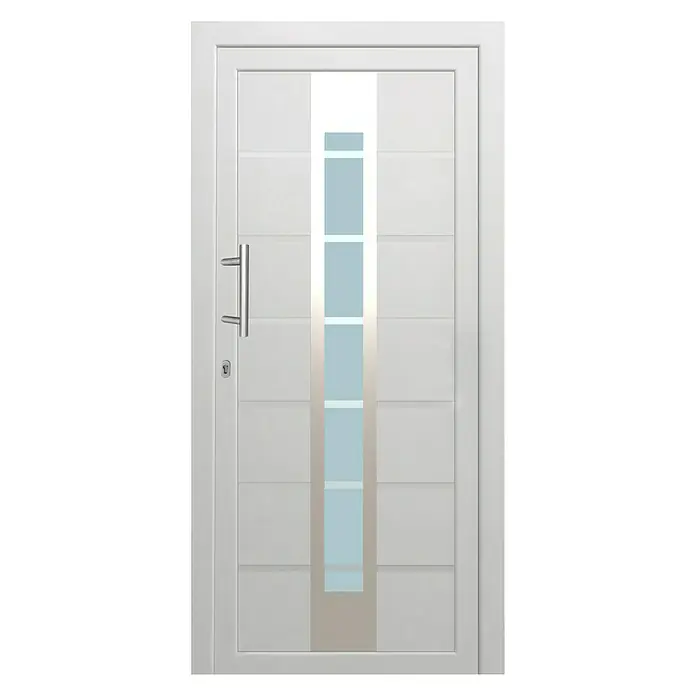 Solid Elements Haustür KT-448 - 110 x 210 cm, DIN Anschlag: Links, Weiß - Weiße moderne Haustür mit senkrechten Glaseinsätzen und einem eleganten Griff. Die Tür bietet Stil und Sicherheit für jedes Zuhause.