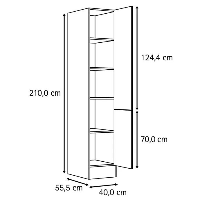 Optifit Optimulti Küchen-Hochschrank Bonn214 - B x T x H: 40 x 55,5 x 210 cm, Weiß - Bemaßte Strichzeichnung eines hohen, schmalen Schranks mit Einlegeböden und zwei unterschiedlich hohen Türen. Maße: H 210 cm, T 55,5 cm, B 40 cm.