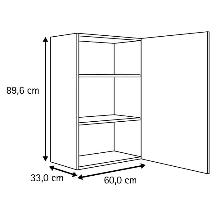 Optifit Optimulti Küchen-Hängeschrank Kiel420 - B x T x H: 60 x 33 x 89,6 cm, Anthrazit - Weißer Schrank mit geöffneter Tür und drei Regalböden. Maße: 89,6 cm Höhe, 33,0 cm Tiefe, 60,0 cm Breite.