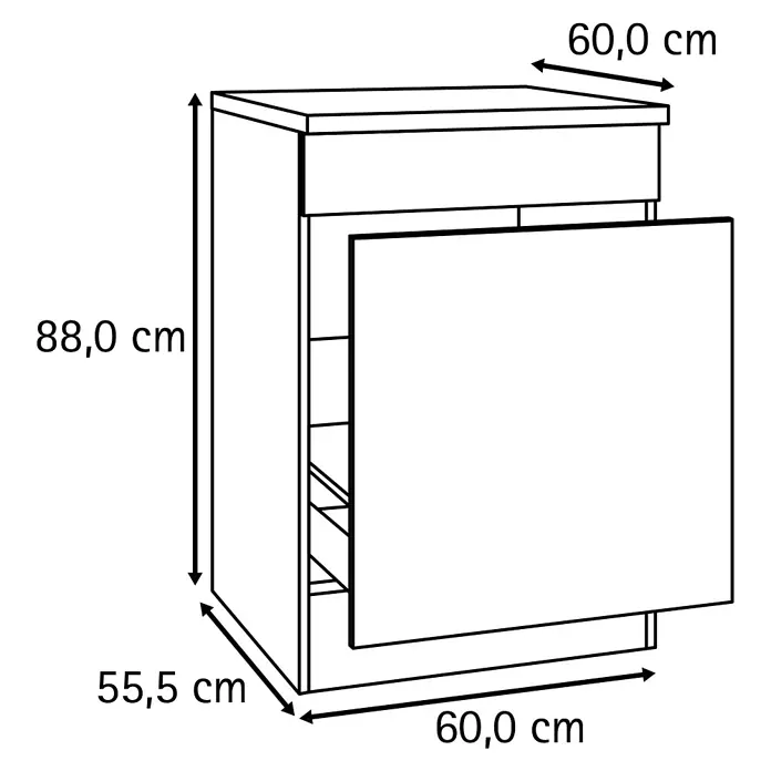 Optifit Optimulti Spülenunterschrank Kiel420 - 60 x 60 x 88 cm, Dekor Front: Grau matt - Unterschrank mit offener Tür, zeigt Innenfächer. Maße: 88,0 cm H, 60,0 cm B, 55,5 cm T.
