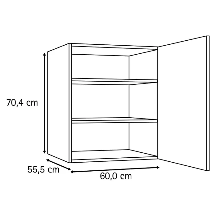 Optifit Optimulti Küchen-Hängeschrank Bonn214 - B x T x H: 60 x 55,5 x 70,4 cm, Weiß - Weißer Wandschrank mit offener Tür und zwei Einlegeböden. Maße: 70,4 cm H x 60,0 cm B x 55,5 cm T.
