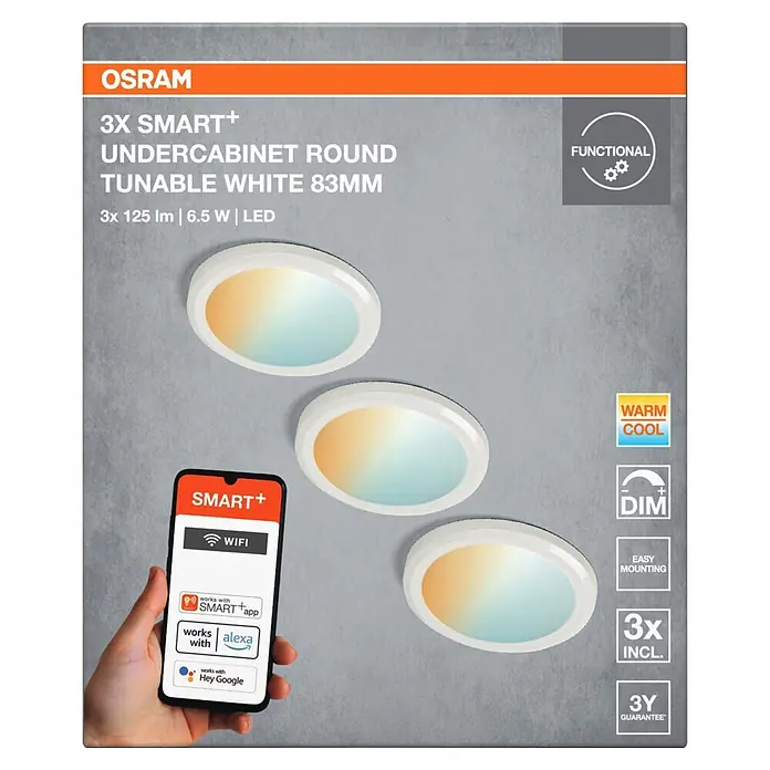 Ledvance Smart+ LED-Unterbauleuchten-Set - Mehrfarbig - Drei weiße, runde Unterbau-Smart-LED-Leuchten mit einstellbarem Weißlicht, App-, Alexa- und Google-Steuerung.