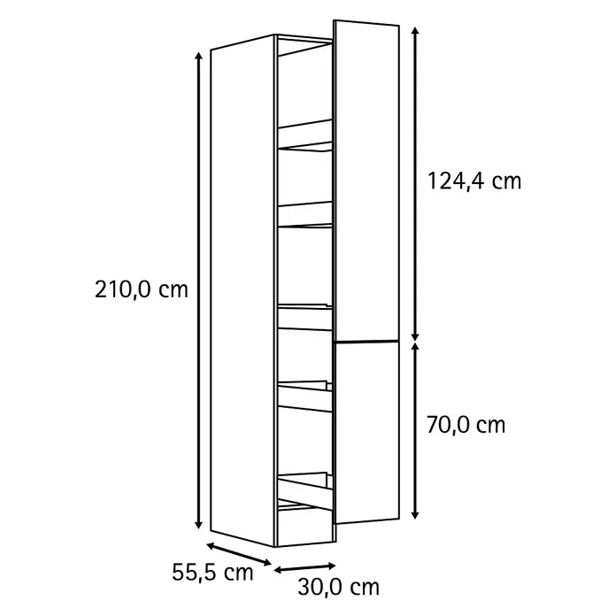 Optifit Optimulti Küchen-Hochschrank Bonn214 - B x T x H: 30 x 55,5 x 210 cm, Weiß - Hoher Küchenvorratsschrank mit ausziehbaren Regalen. H210, B30, T55,5 cm.
