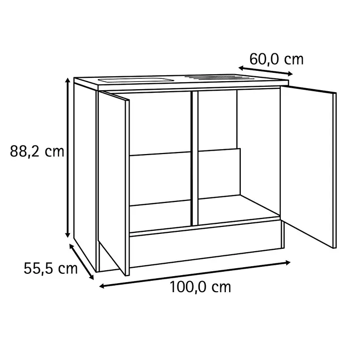 Optifit Optimulti Spülenunterschrank Bonn214 - 60 x 100 x 88 cm, Dekor Front: Weiß - Strichzeichnung eines Küchenunterschranks mit zwei geöffneten Türen und Spülenausschnitt. Maße: 88,2 cm H, 100,0 cm B, 60,0 cm T.