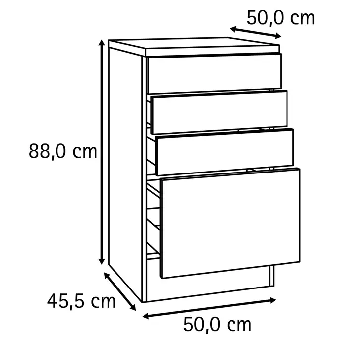 Optifit Optimulti Küchen-Unterschrank Bonn214 - B x T x H: 50 x 50 x 88 cm, Weiß/Grau - Kommode mit 4 Schubladen, 88x50x45,5 cm (HxBxT).