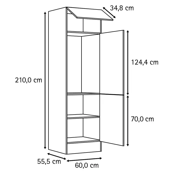 Optifit Optimulti Küchen-Hochschrank Kiel420 - B x T x H: 60 x 55,5 x 210 cm, Anthrazit - Hoher Schrank mit geöffneten Türen und internen Regalen. Gezeigte Maße: H 210 cm, B 60 cm, T 55,5 cm.