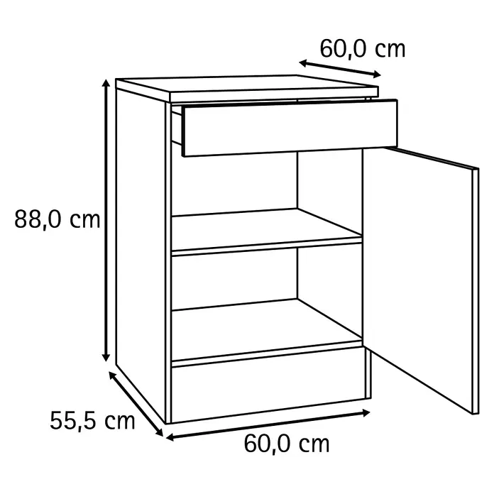 Optifit Optimulti Küchen-Unterschrank Bonn214 - B x T x H: 60 x 60 x 88 cm, Weiß/Grau - Weißer Schrank mit einer Schublade, zwei Einlegeböden und geöffneter Tür. Maße: 88 cm H x 60 cm B x 55,5 cm T.