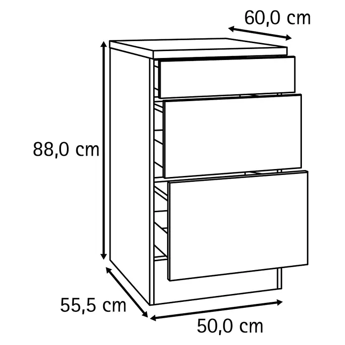 Optifit Optimulti Küchen-Unterschrank Bonn214 - B x T x H: 50 x 60 x 88 cm, Weiß/Grau - Küchenunterschrank mit drei Schubladen. Maße: Höhe 88 cm, Breite 60 cm, Gesamttiefe 55,5 cm.