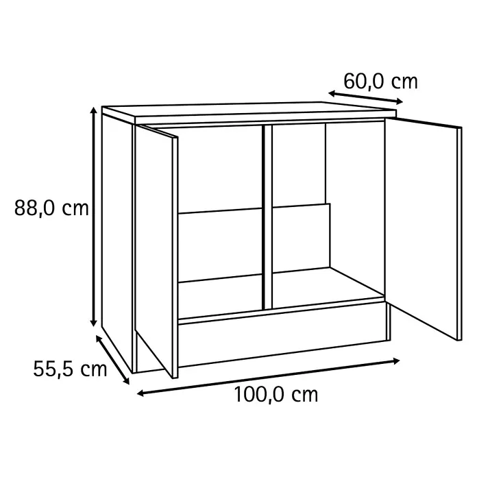 Optifit Optimulti Spülenunterschrank Bonn214 - 60 x 100 x 88 cm, Dekor Front: Weiß - Strichzeichnung eines Schranks mit offenen Türen, Einlegeböden und einer Schublade. Maße: H 88,0 cm, B 100,0 cm, T 55,5 cm, obere Tiefe 60,0 cm.