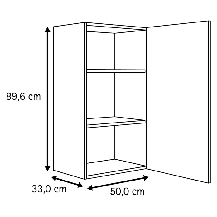 Optifit Optimulti Küchen-Hängeschrank Kiel420 - Anthrazit - Weiße Strichzeichnung eines Schranks mit offener Tür und drei Fächern. Maße: 89,6 cm Höhe, 50,0 cm Breite, 33,0 cm Tiefe.