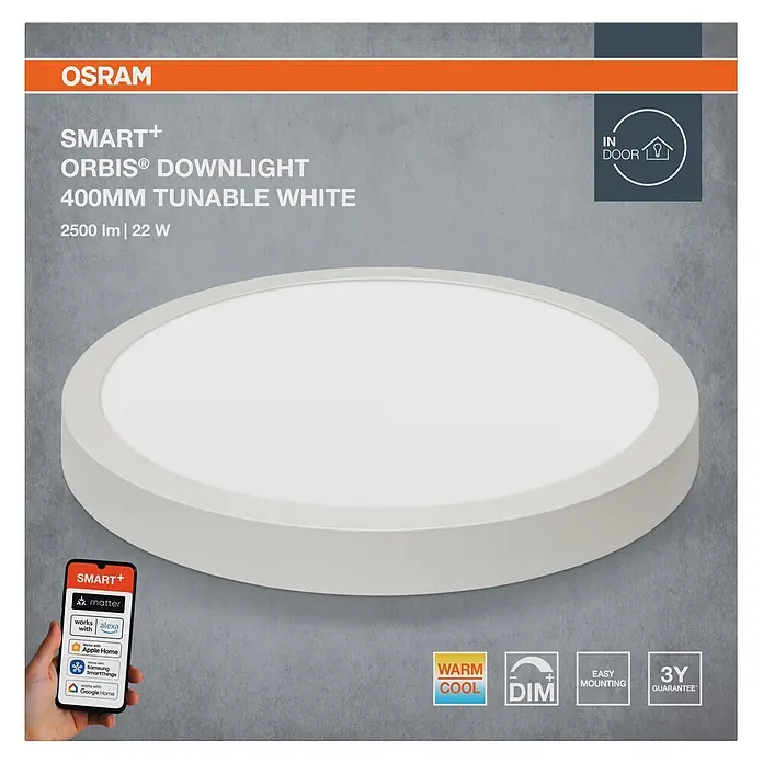 Ledvance Smart+ WiFi LED-Deckenleuchte - 22 W, Mehrfarbig, Durchmesser: 40 cm - Weißes rundes OSRAM SMART+ ORBIS LED-Downlight, tunable white und dimmbar. Smart Home kompatibel.