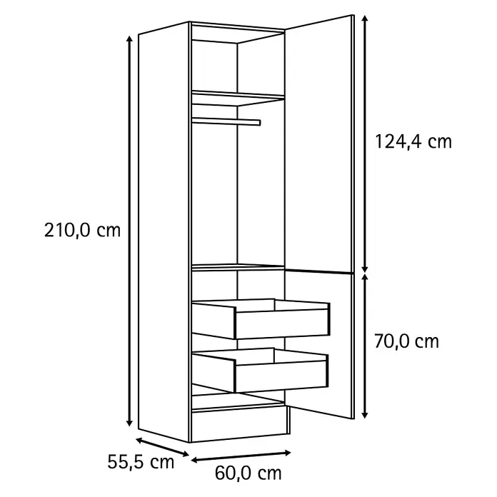 Optifit Optimulti Küchen-Hochschrank Bonn214 - B x T x H: 60 x 55,5 x 210 cm, Weiß - Kleiderschrank mit offener Tür, Regalen, Kleiderstange und drei Schubladen. Maße 210x60x55,5 cm.