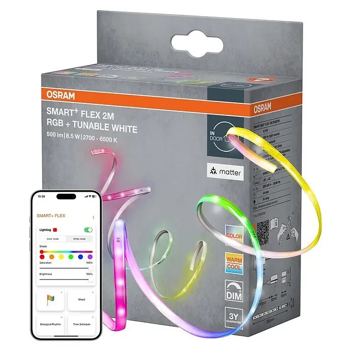 Osram Smart+ LED-Band Flex - Länge: 200 cm, Lichtfarbe: RGBW, 8,5 W, 500 lm, 220 V - 240 V - OSRAM SMART+ FLEX 2M RGB LED-Streifen-Kit mit leuchtenden, mehrfarbigen Lichtern und Smartphone-App. Grauer Karton.