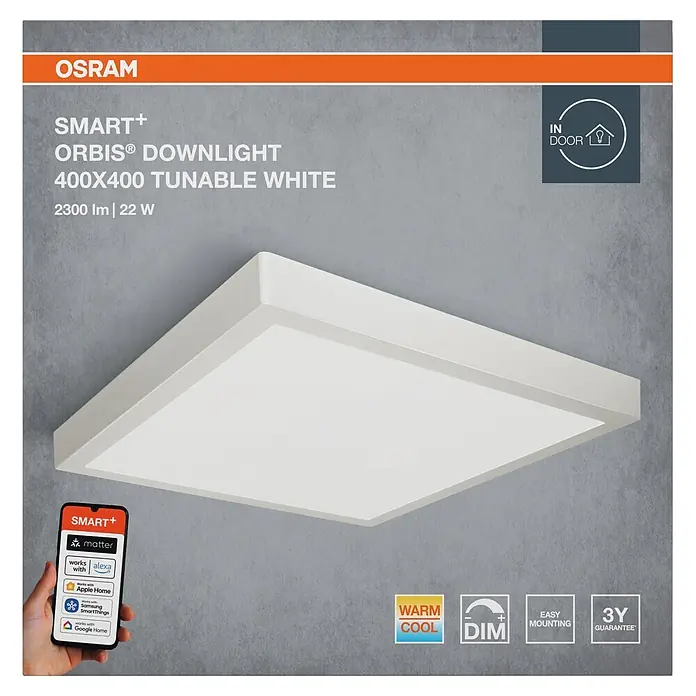 Ledvance LED-Deckenleuchte - 22 W, L x B x H: 40 x 40 x 3,7 cm, Mehrfarbig - Weißes OSRAM SMART+ ORBIS® quadratisches LED-Downlight. Einstellbares Weißlicht, dimmbar, smart und kompatibel mit Alexa, Apple Home, Google Home.