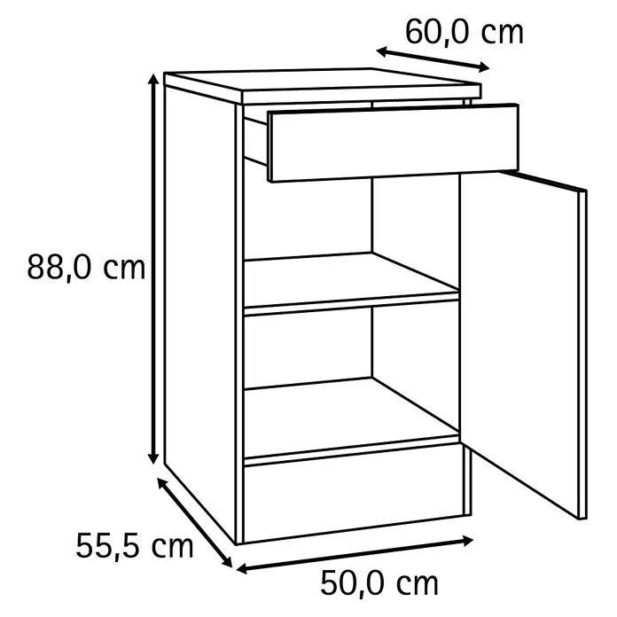 Optifit Optimulti Küchen-Unterschrank Bonn214 - B x T x H: 50 x 60 x 88 cm, Weiß/Grau - Strichzeichnung eines Schranks mit einer Schublade, einer offenen Tür und Regalböden. Maße: 88 cm H, 60 cm B, 55,5 cm T.