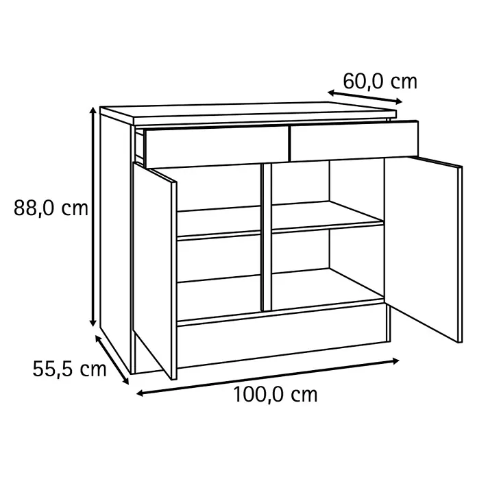 Optifit Optimulti Küchen-Unterschrank Bonn214 - B x T x H: 100 x 60 x 88 cm, Weiß/Grau - Detaillierte Strichzeichnung eines Schranks mit zwei Schubladen und zwei Doppeltürfächern mit Einlegeböden. Maße: H 88 cm, B 100 cm, T 55,5 cm (obere T 60 cm).