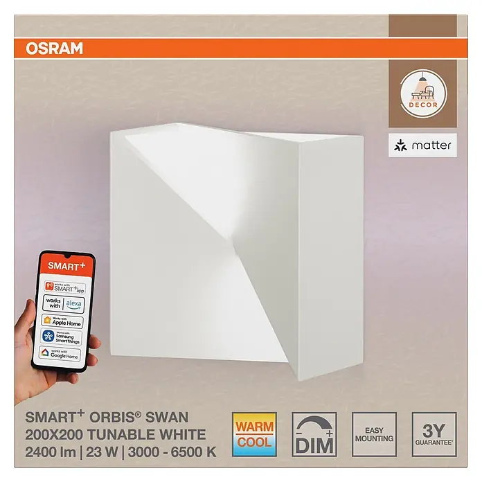 Ledvance Smart+ WiFi LED-Wandleuchte - 23 W, L x B x H: 20 x 20 x 11 cm, Weiß, Mehrfarbig - Weißes, quaderförmiges OSRAM SMART+ ORBIS® SWAN Tunable White LED Wandleuchte mit kantigem Design, Smart Home kompatibel.