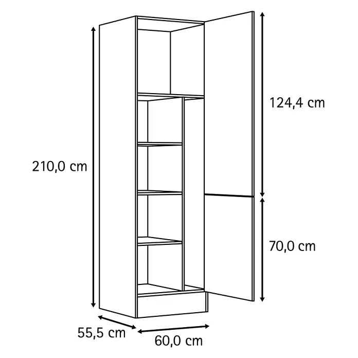 Optifit Optimulti Küchen-Hochschrank Bonn214 - B x T x H: 60 x 55,5 x 210 cm, Weiß - Strichzeichnung eines hohen, schmalen Kleiderschranks mit offenen Türen, internen Regalen und einer Schublade. Maße: H 210cm, B 60cm, T 55,5cm.