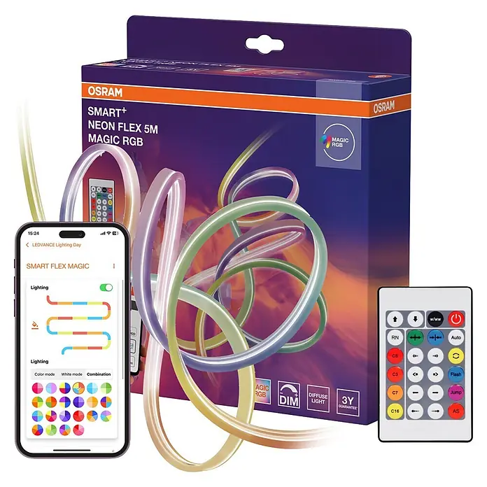 Osram Smart+ LED-Band Flex - Länge: 500 cm, Lichtfarbe: RGB, 24 W, 220 V - 240 V - Gekrümter, mehrfarbiger OSRAM SMART+ NEON FLEX 5M LED-Streifen mit Box, Fernbedienung und Smartphone mit Steuerungs-App.