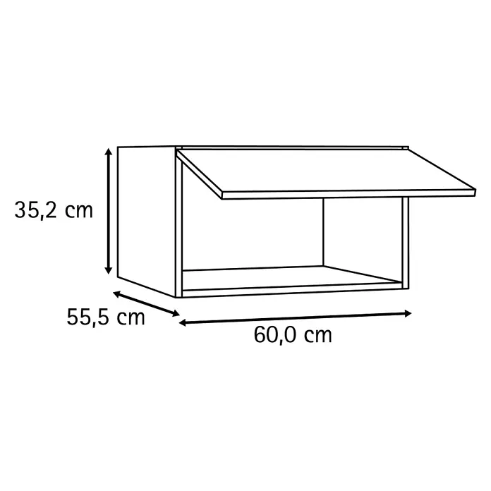 Optifit Optimulti Küchen-Aufsatzschrank Bonn214 - L x B x H: 57,1 x 60 x 35,2 cm, Weiß - Strichzeichnung eines Oberschranks mit geöffneter Tür. Maße: H 35,2 cm, T 55,5 cm, B 60,0 cm.