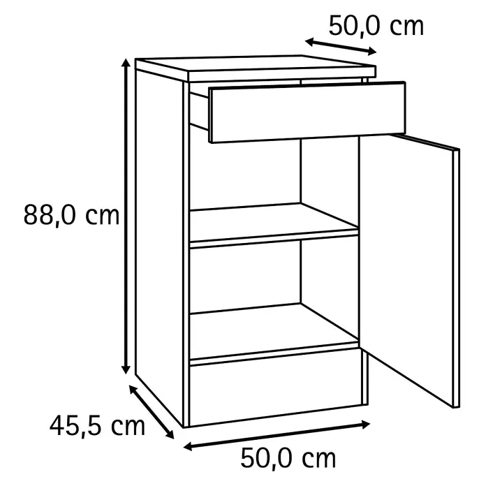 Optifit Optimulti Küchen-Unterschrank Bonn214 - B x T x H: 50 x 50 x 88 cm, Weiß/Grau - Schrank mit einer Schublade, zwei offenen Fächern und einer Bodentür. Maße: H 88 cm, T 45,5 cm, B 50 cm.
