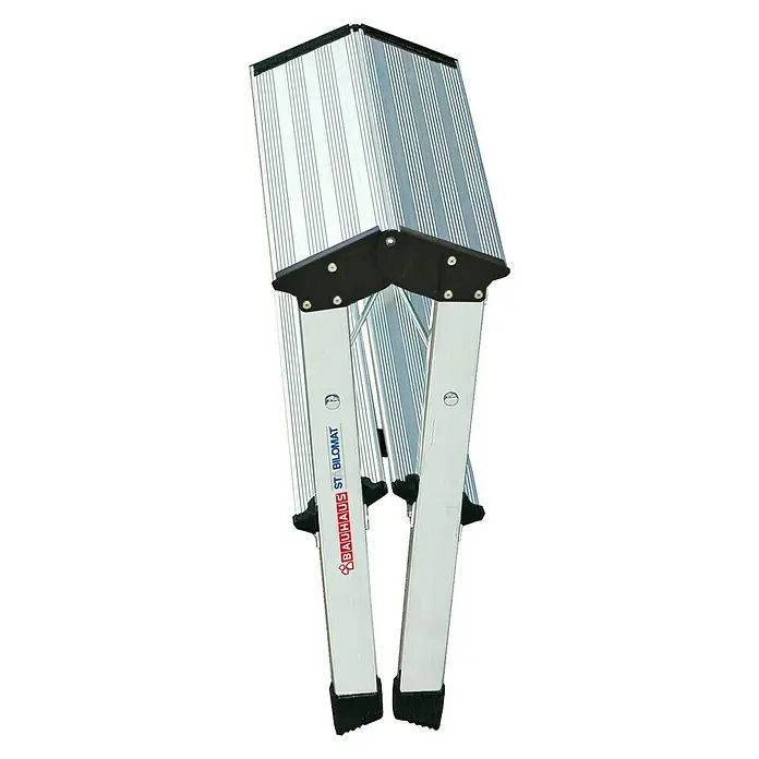 Krause Monto Klapptritt Rolly Alu - Anzahl Tritte: 4 Stk., Arbeitshöhe: 2,45 m, Belastbarkeit: 150 kg, Aluminium - Bild einer zusammengeklappten Aluminium-Leiter von Bauhaus St. Bilomat, ideal für den vielseitigen Einsatz im Haushalt.
