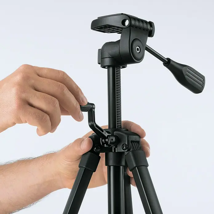 Bosch Professional Trípode BT 150 - Ajuste de altura: 55 cm - 157 cm, Rosca de trípode: ¼″ - Primer plano de un trípode accionado por manos para ajustar su altura.