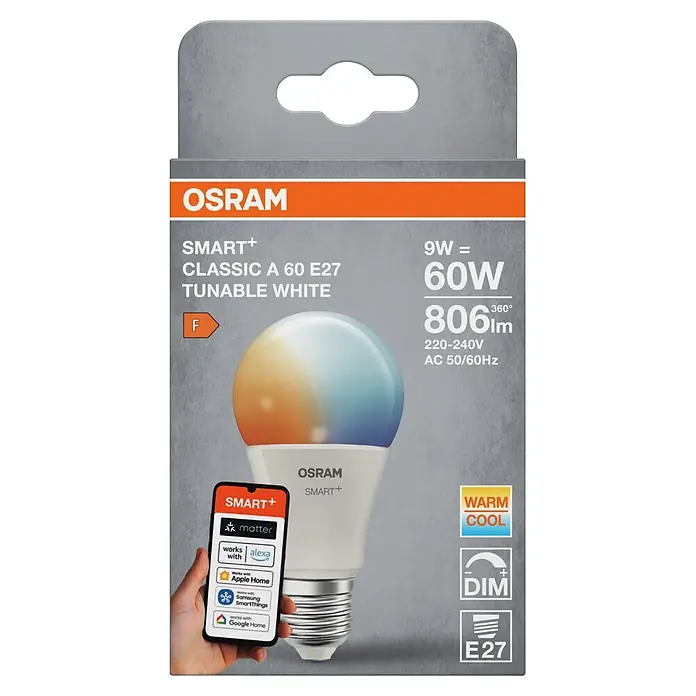 Ledvance Smart+ WiFi Smart-LED-Lampe - E27, Dimmbar, Mehrfarbig, 806 lm, 9 W - Grau-orange OSRAM Smart+ Classic A 60 E27 Tunable White LED-Glühbirnenverpackung mit Glühbirne, Smartphone-Kompatibilität und "Warm Cool" & "Dim"-Symbolen.