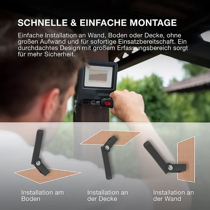 Ledvance Smart+ WiFi LED-Außenwandleuchte Flood - 10 W, 12,5 x 12,5 x 2,8 cm, RGBW - OSRAM LED-Fluter bei der Montage. Vielseitige Befestigungsoptionen für Boden, Decke und Wand dargestellt.