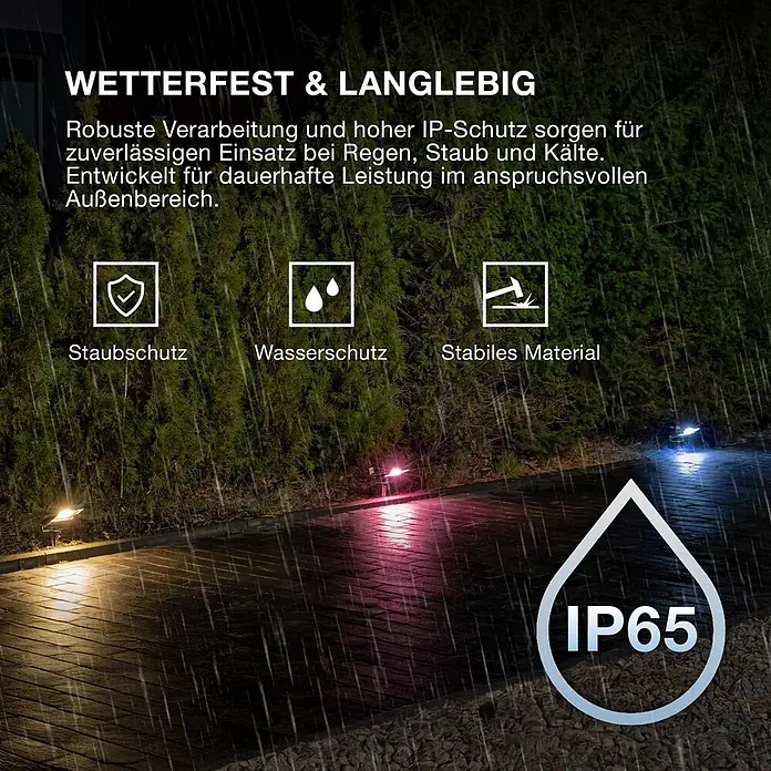 Ledvance Smart+ WiFi LED-Außenwandleuchte Flood - 10 W, 12,5 x 12,5 x 2,8 cm, RGBW - Wetterfeste Außenleuchten erhellen einen nassen Weg im Regen und zeigen ihre IP65-Zertifizierung für Staub- und Wasserschutz.